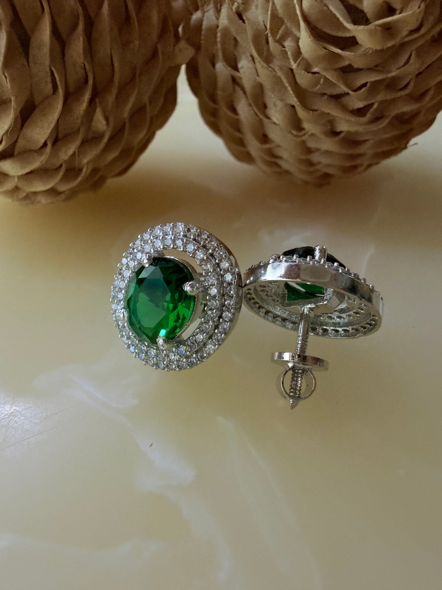 Oval cut CZ Ruby/Emerald Green stud earrings