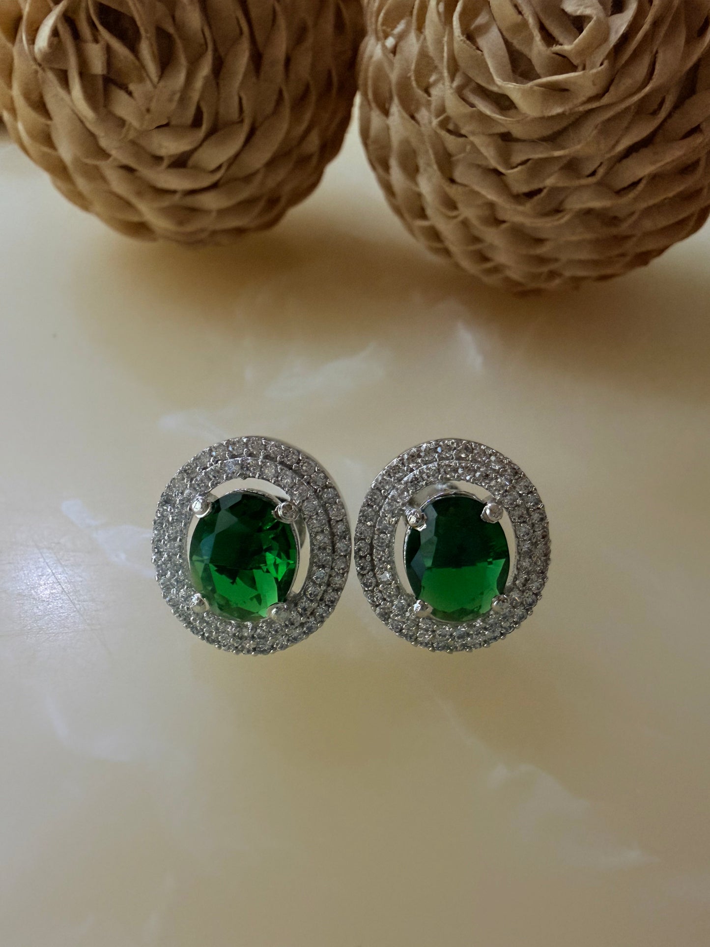 Oval cut CZ Ruby/Emerald Green stud earrings
