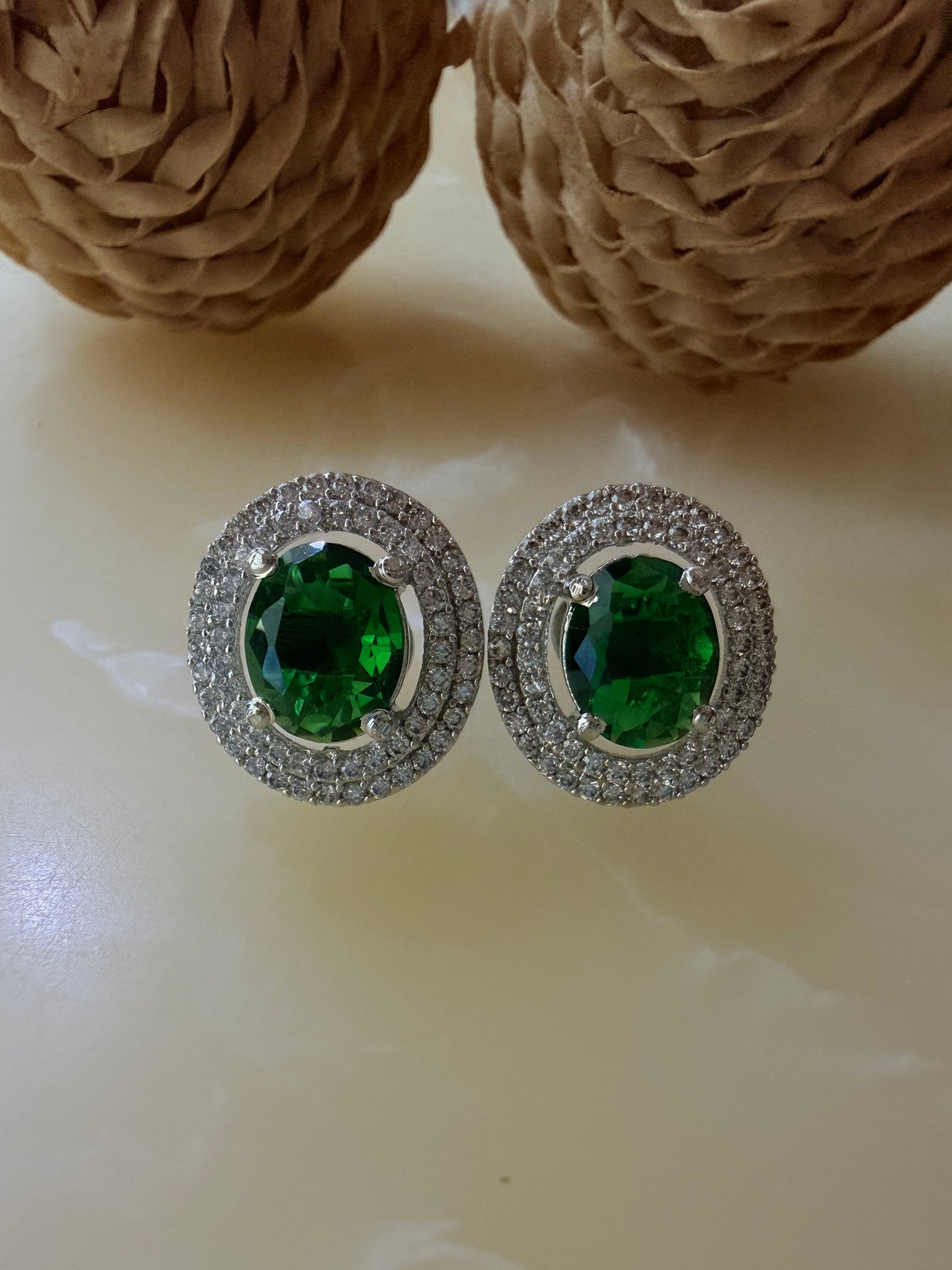 Oval cut CZ Ruby/Emerald Green stud earrings