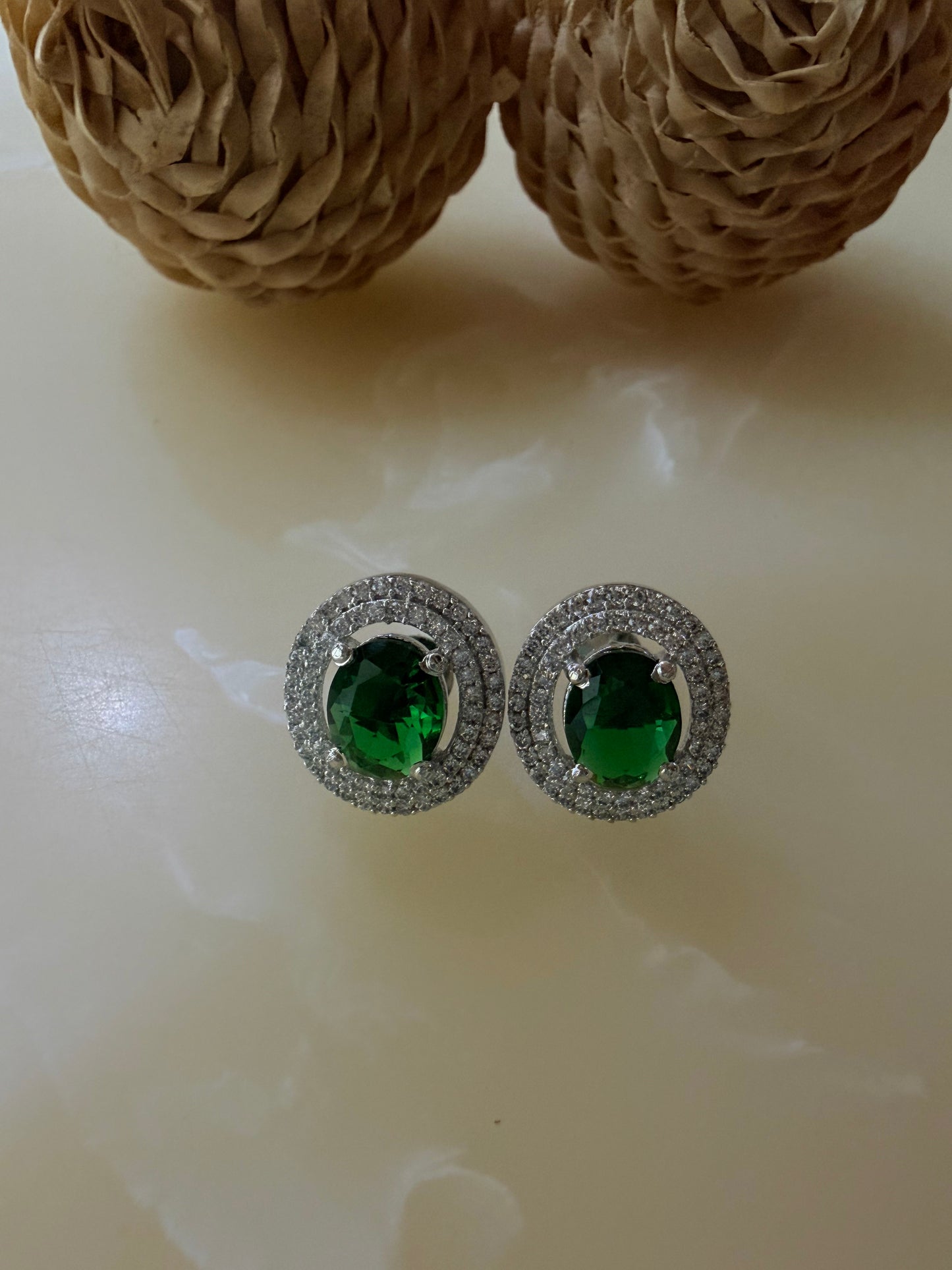 Oval cut CZ Ruby/Emerald Green stud earrings