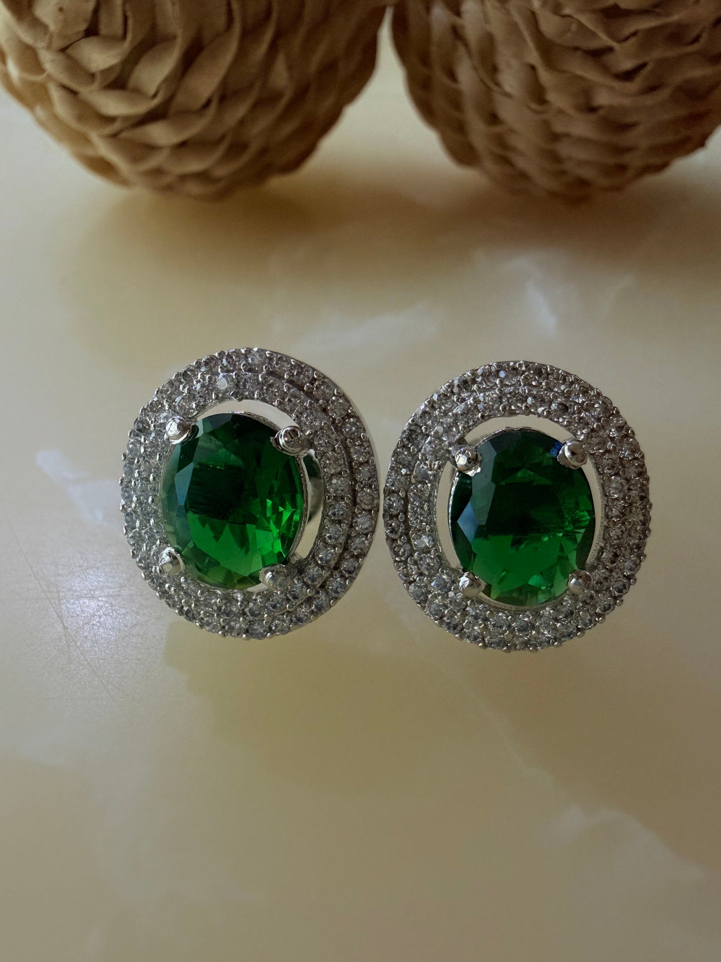 Oval cut CZ Ruby/Emerald Green stud earrings