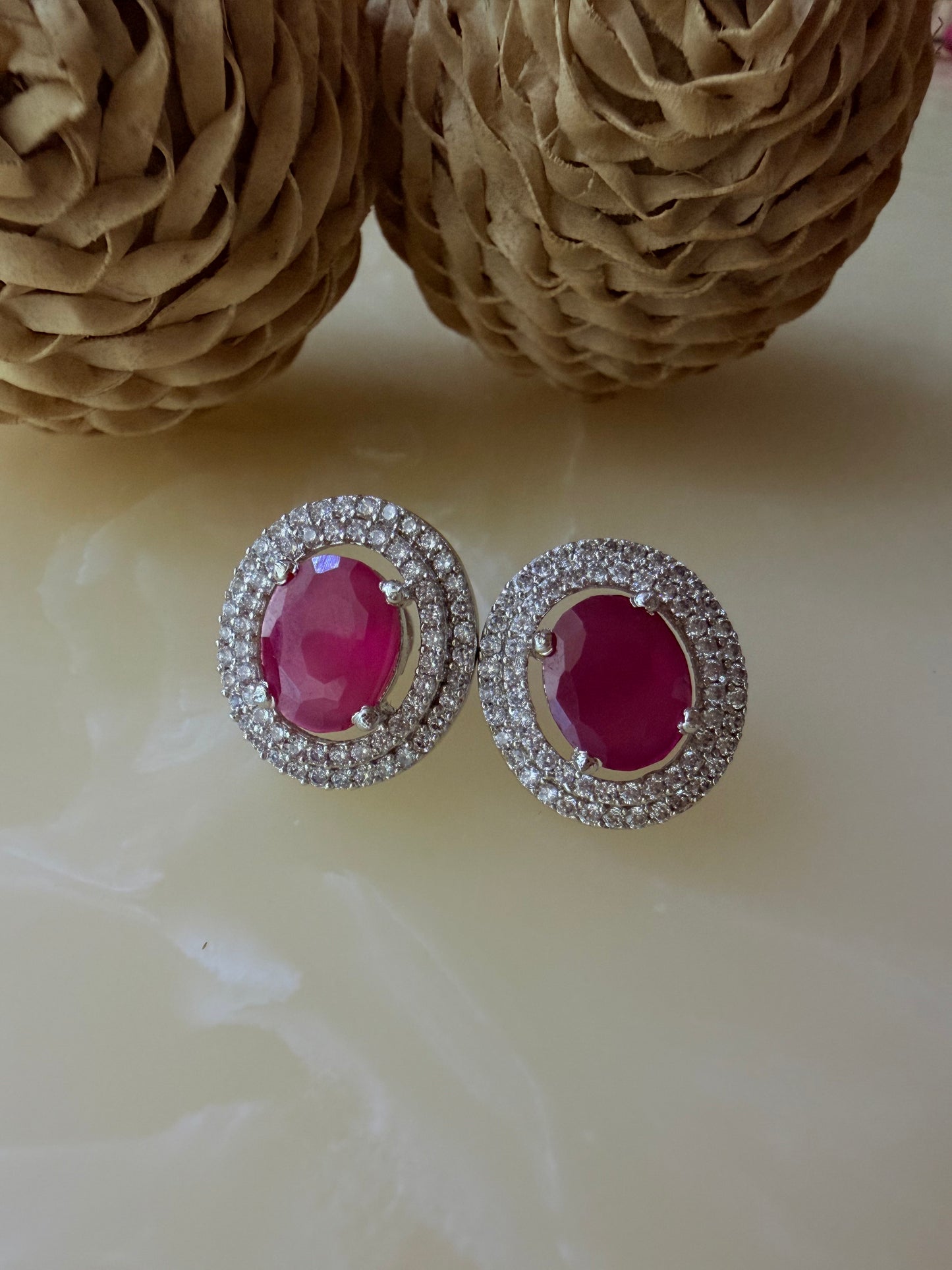 Oval cut CZ Ruby/Emerald Green stud earrings