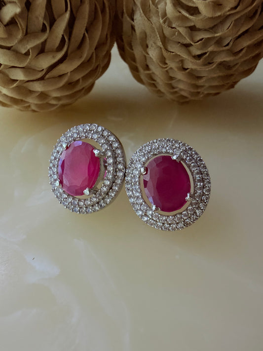 Oval cut CZ Ruby/Emerald Green stud earrings