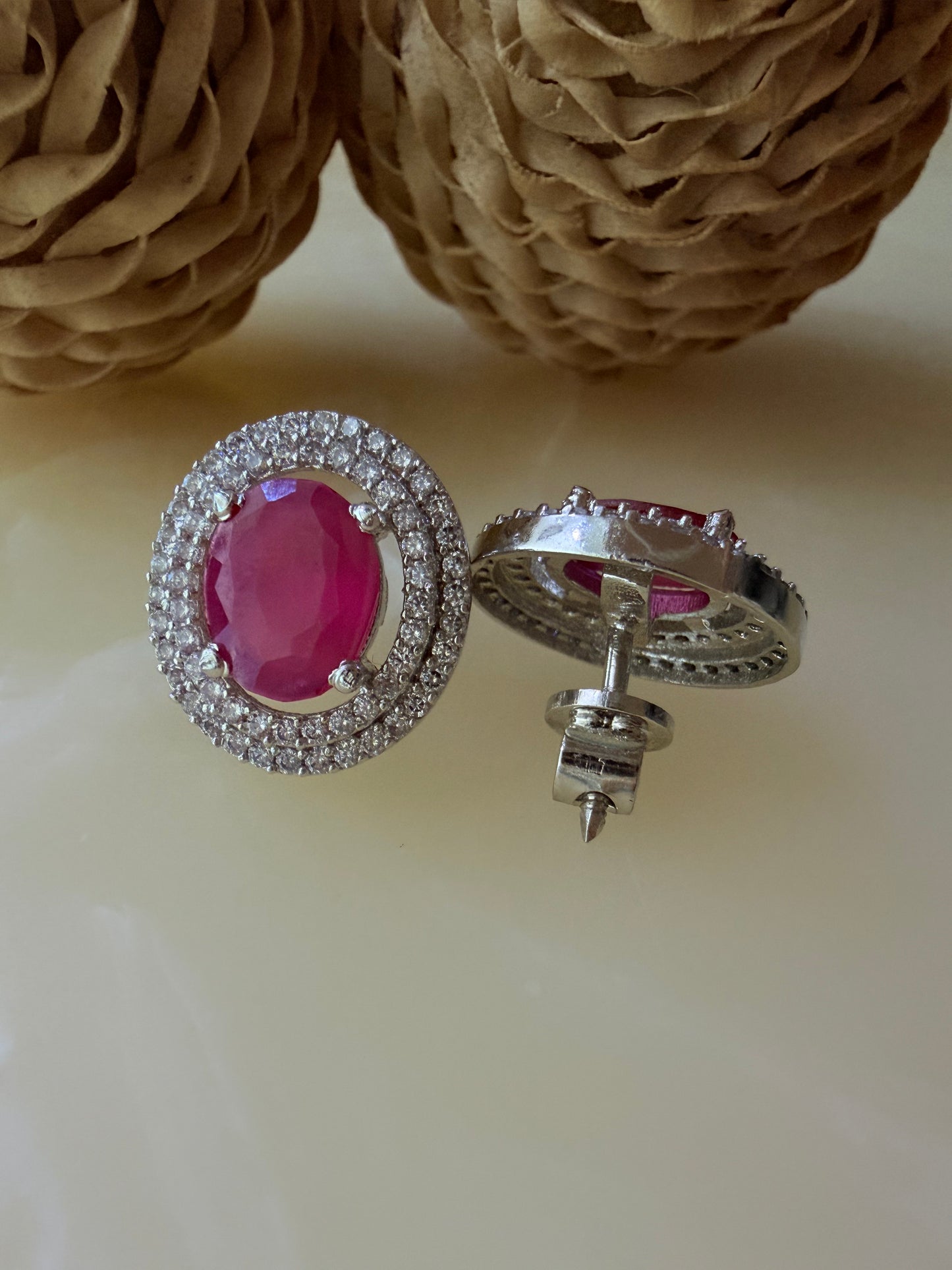 Oval cut CZ Ruby/Emerald Green stud earrings