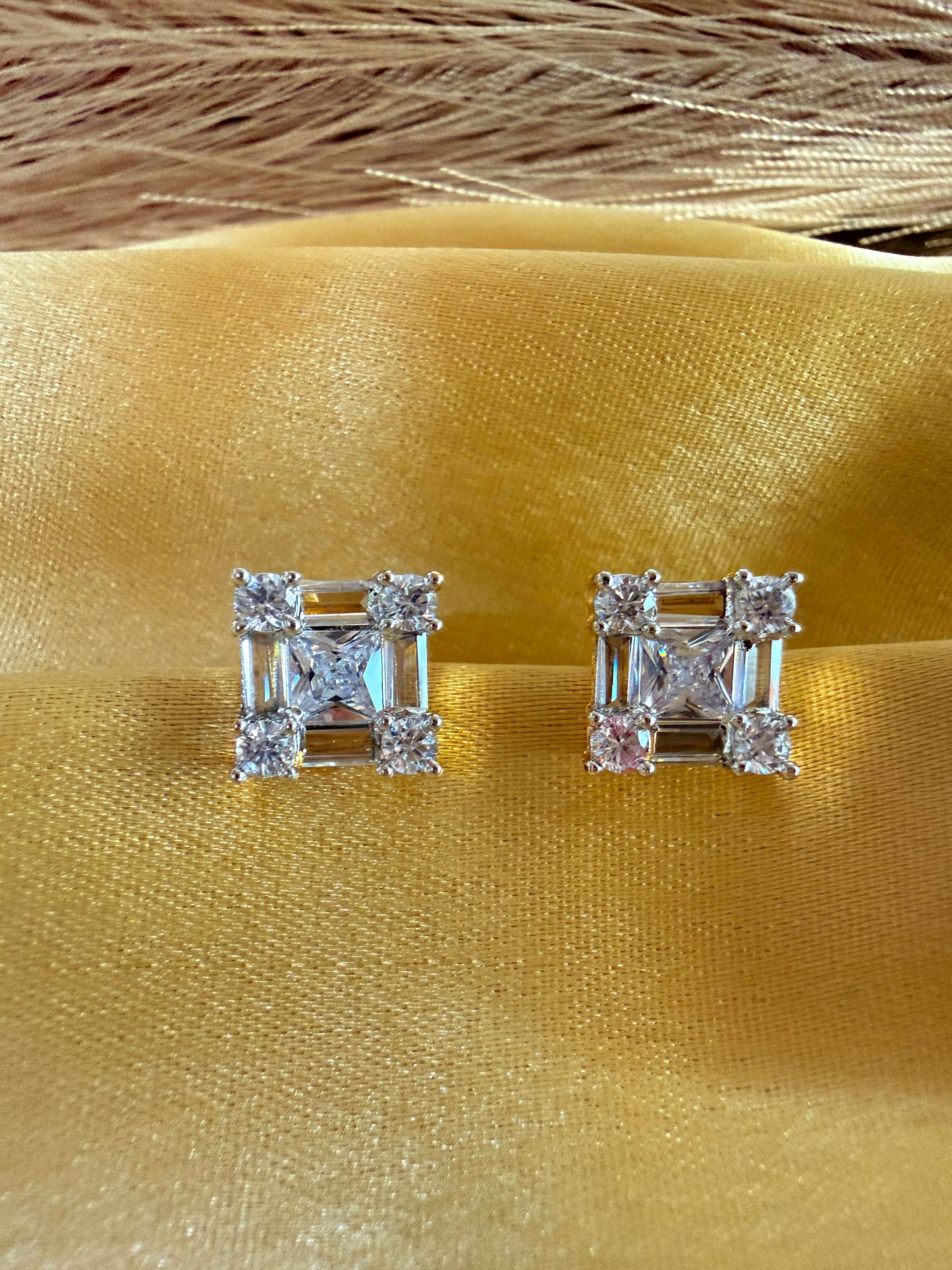 Princess cut cubic zirconia gold plated studs