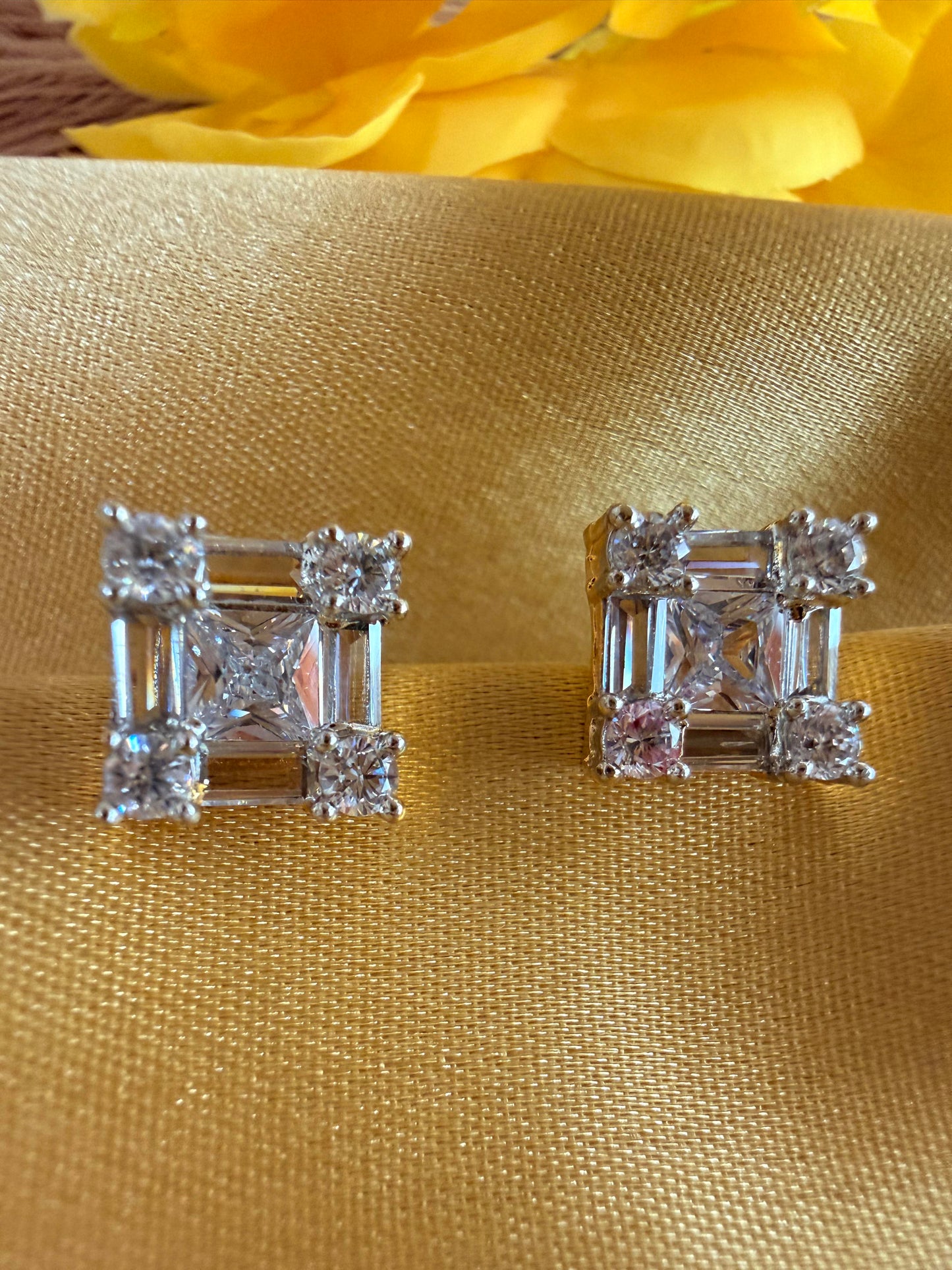 Princess cut cubic zirconia gold plated studs