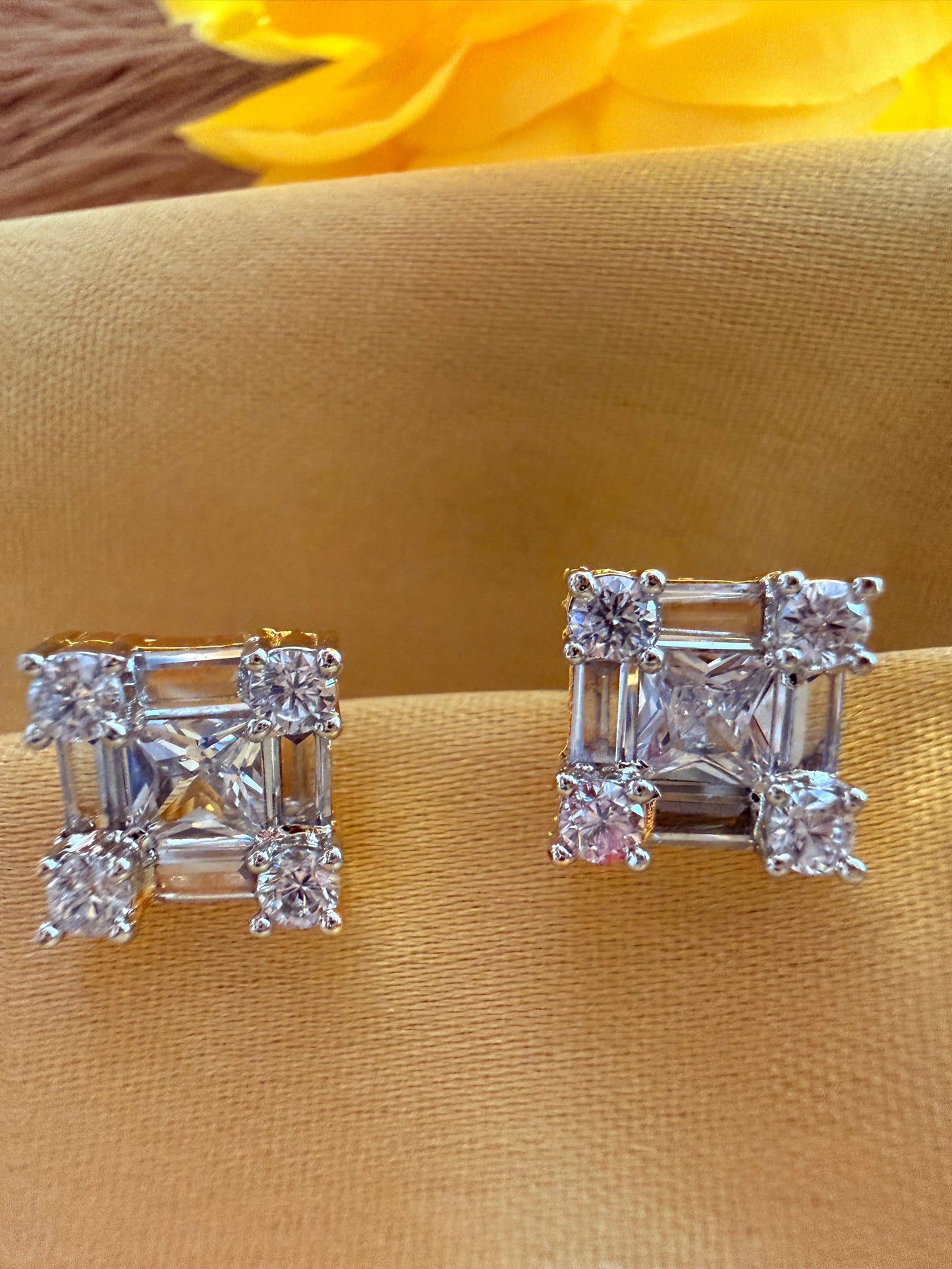 Princess cut cubic zirconia gold plated studs