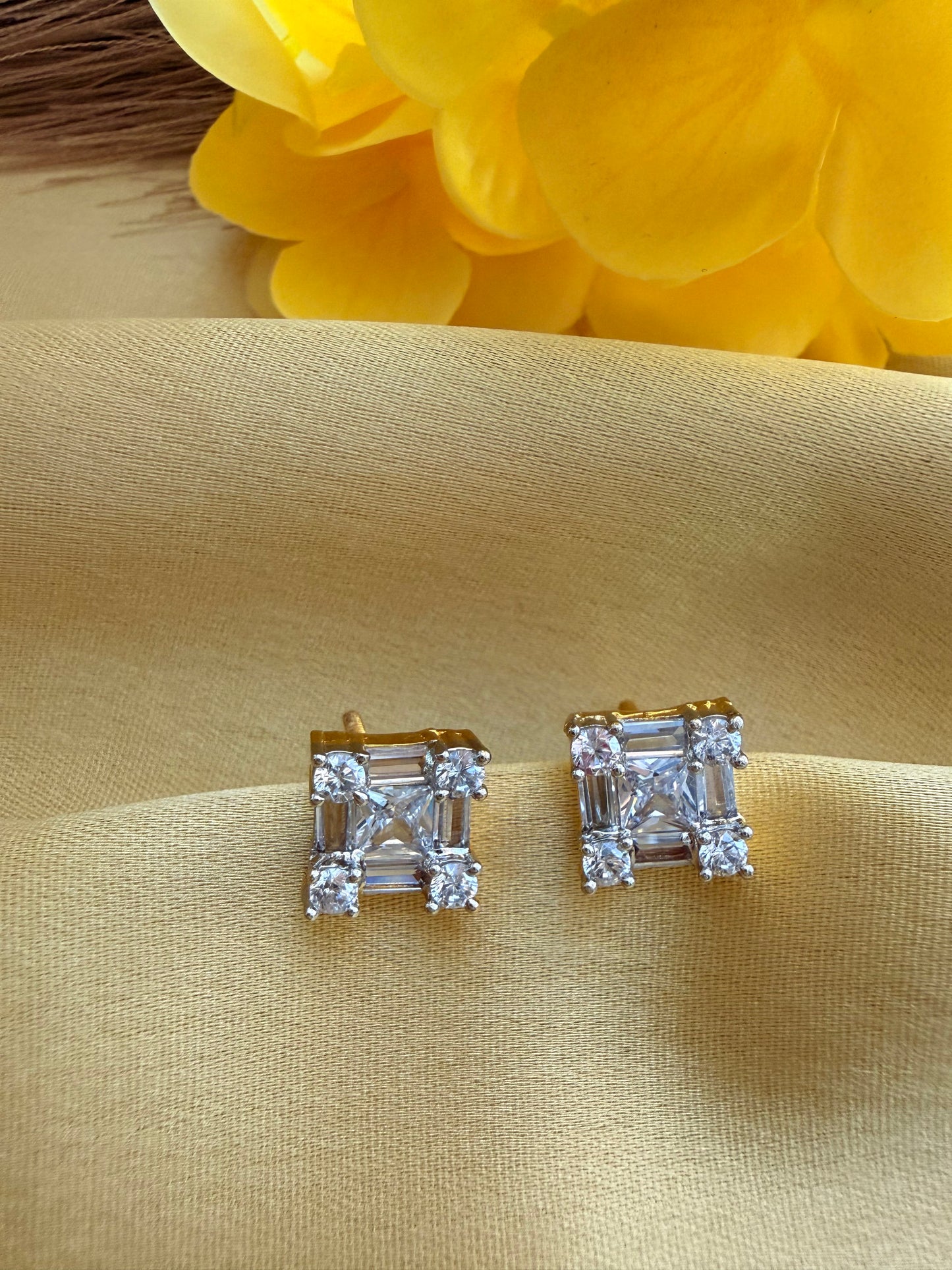 Princess cut cubic zirconia gold plated studs