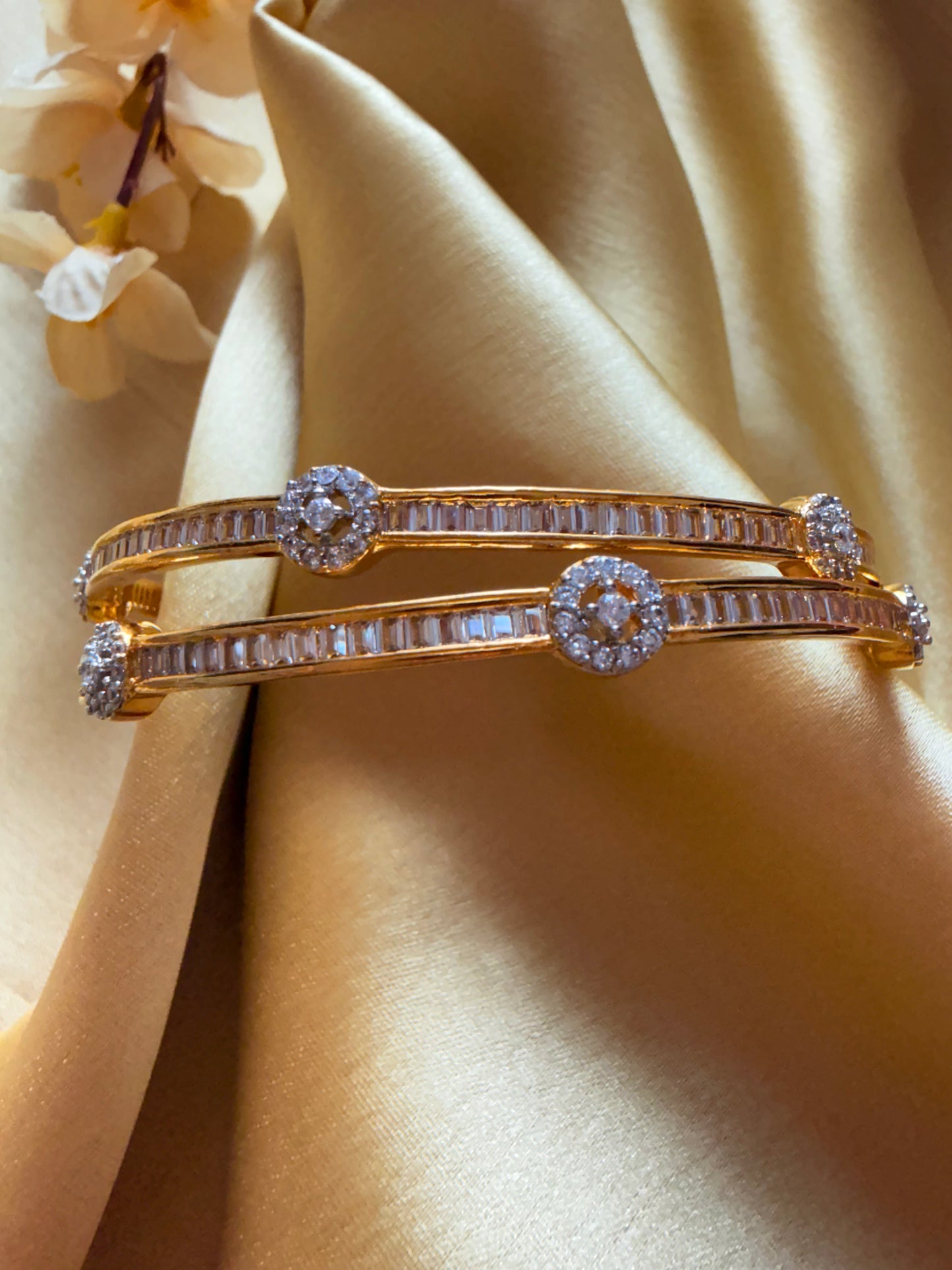 18k Gold-Plated AAA+ Cubic Zirconia-Halo-style round motifs Bangles