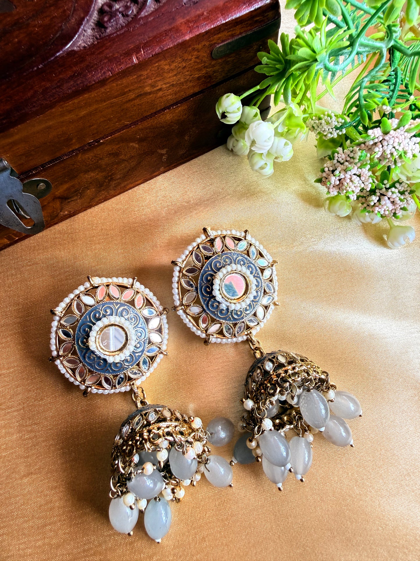 Turquoise Meenakari Kundan Jhumkas