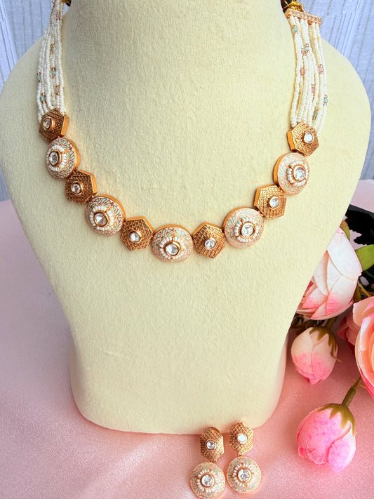 Pastel Meenakari Moissanite and Pearl Necklace