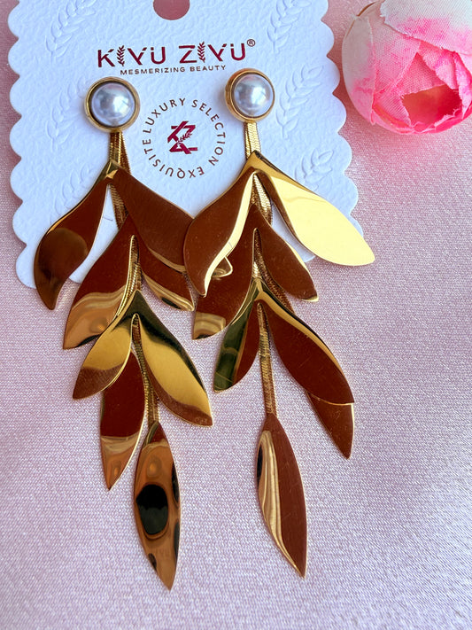 Leaf drop earrings with pearl studs