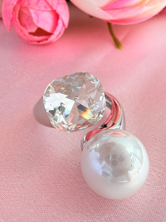 Cushion-cut Crystal and Pearl bypass Ring
