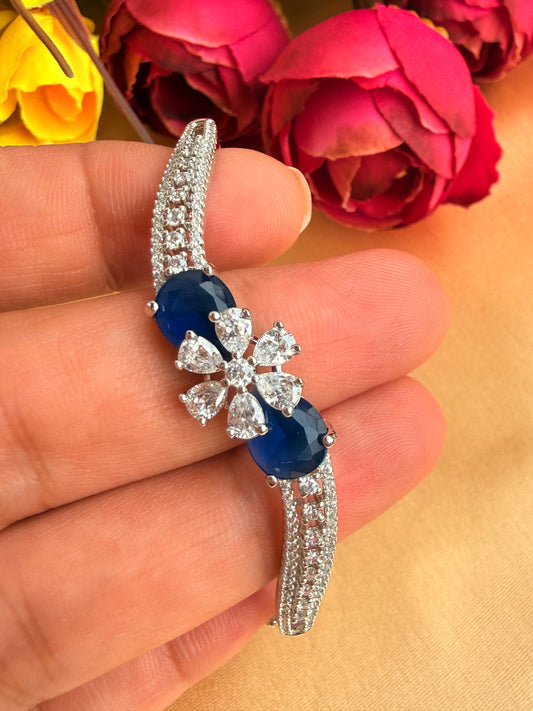 Silver-toned Sapphire and AD floral Bypass Bangle