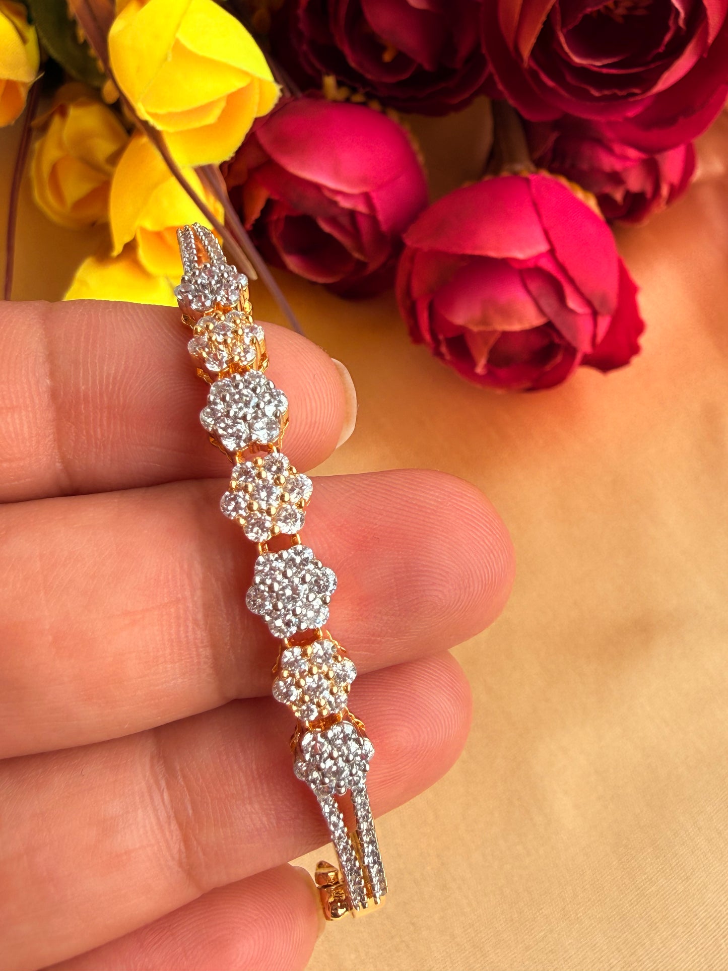 Gold-plated floral cluster tennis bracelet